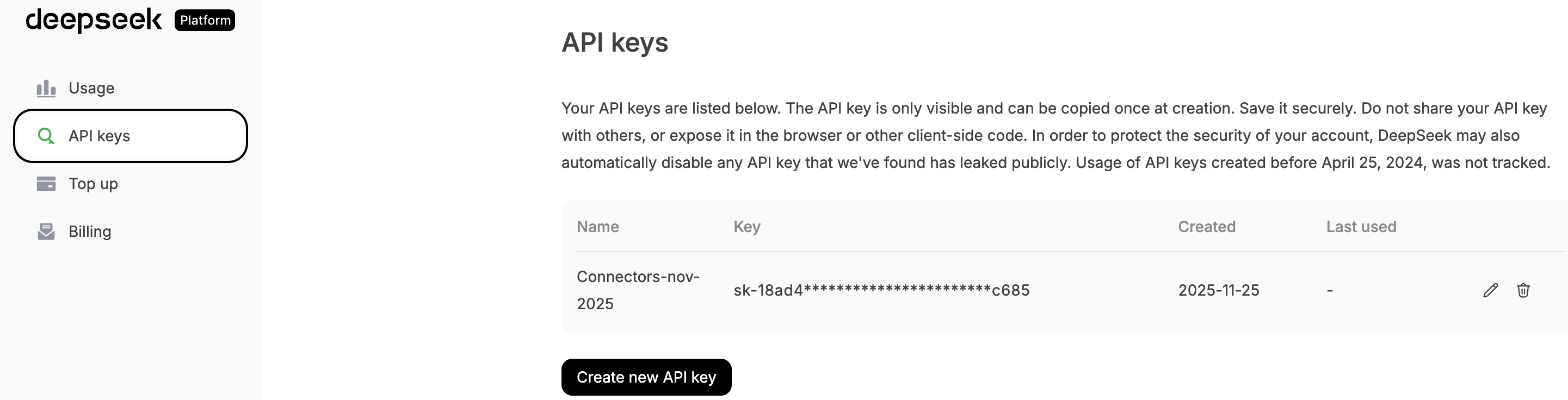 API keys page