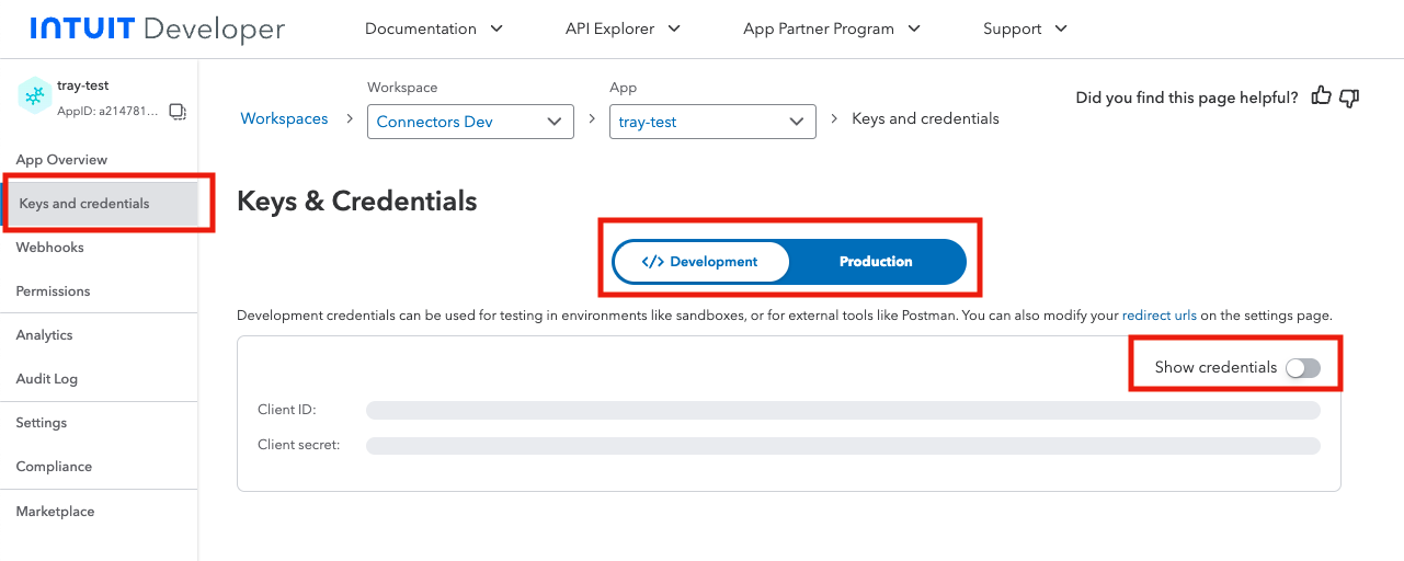 Quickbooks app dashboard credentials