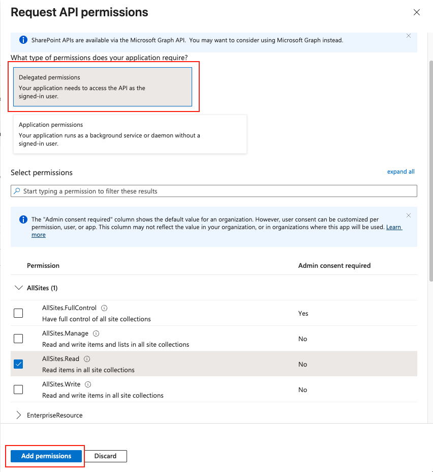 SharePoint v4 delegated permissions selection