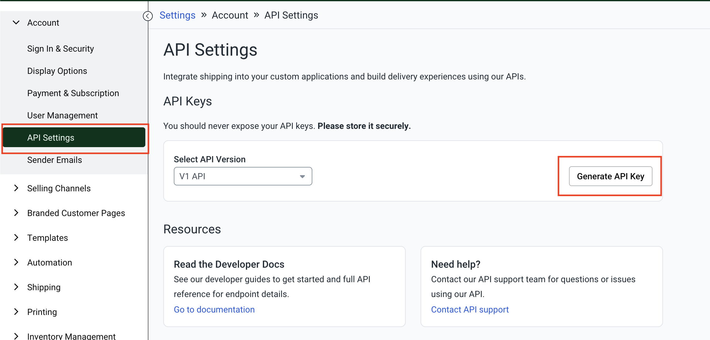 API Settings page with Generate API Key button
